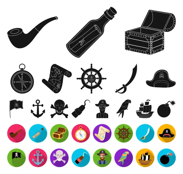 Pirata, ladrón de mar negro, iconos planos en la colección de conjuntos para el diseño. Tesoros, atributos vector símbolo stock web ilustración . — Vector de stock