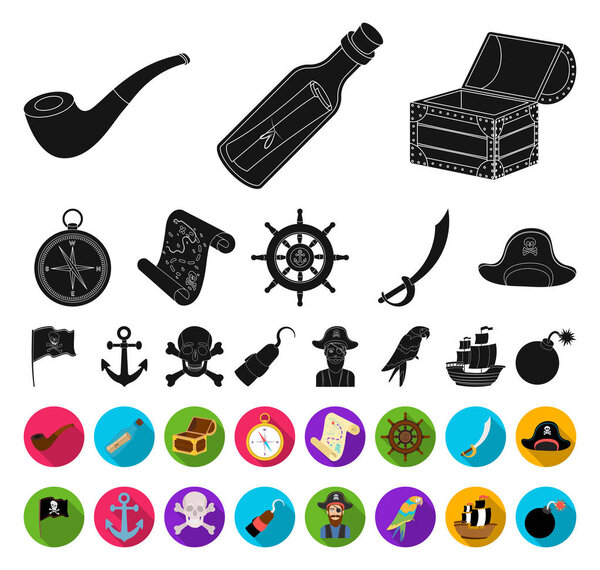 Pirate, sea robber black, flat icons in set collection for design. Сокровища, атрибуты векторные символы акции веб-иллюстрация
.