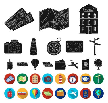 Dinlenmek ve set koleksiyonu tasarım için siyah, düz simgeler seyahat. Ulaşım, turizm sembol stok web illüstrasyon vektör.