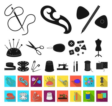 Dikiş, set koleksiyonu tasarım için atelier siyah, düz simgeler. Araç kiti vektör simge stok web çizim.