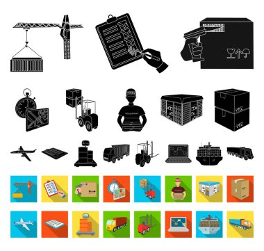 Lojistik ve teslimat siyah, düz simgeler set koleksiyonu tasarım için. Taşıtlar ve donatımı izometrik vektör simge stok web çizim.