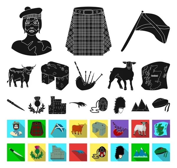 Country Scotland nero, icone piatte nella collezione set per il design. Giro turistico, cultura e tradizione vettoriale simbolo stock web illustrazione . — Vettoriale Stock