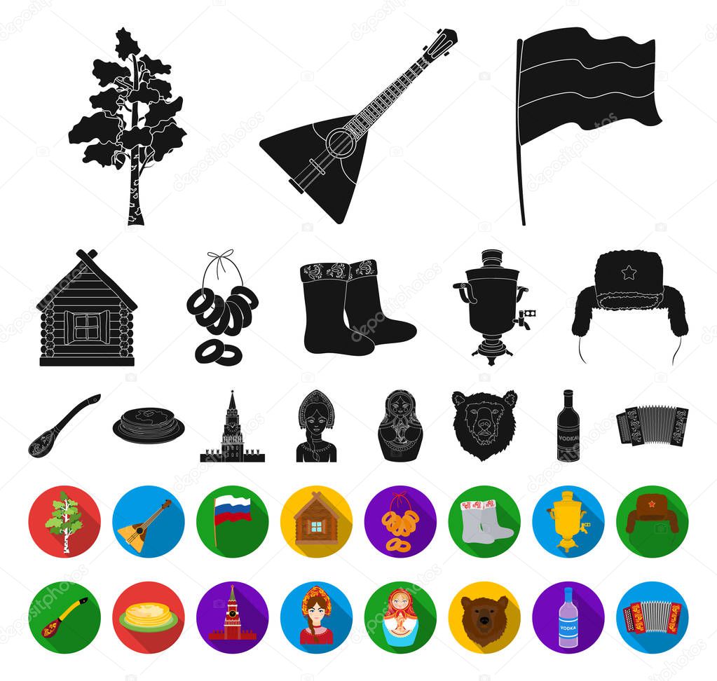 Country Russia, travel black,flat icons in set collection for design. Attractions and features vector symbol stock web illustration.