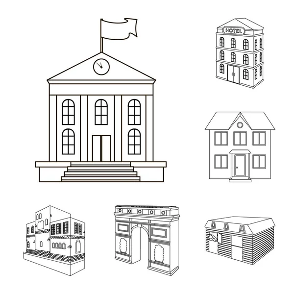 Ilustración vectorial de edificio y letrero de ciudad. Colección de icono de construcción y vector de negocio para stock . — Vector de stock