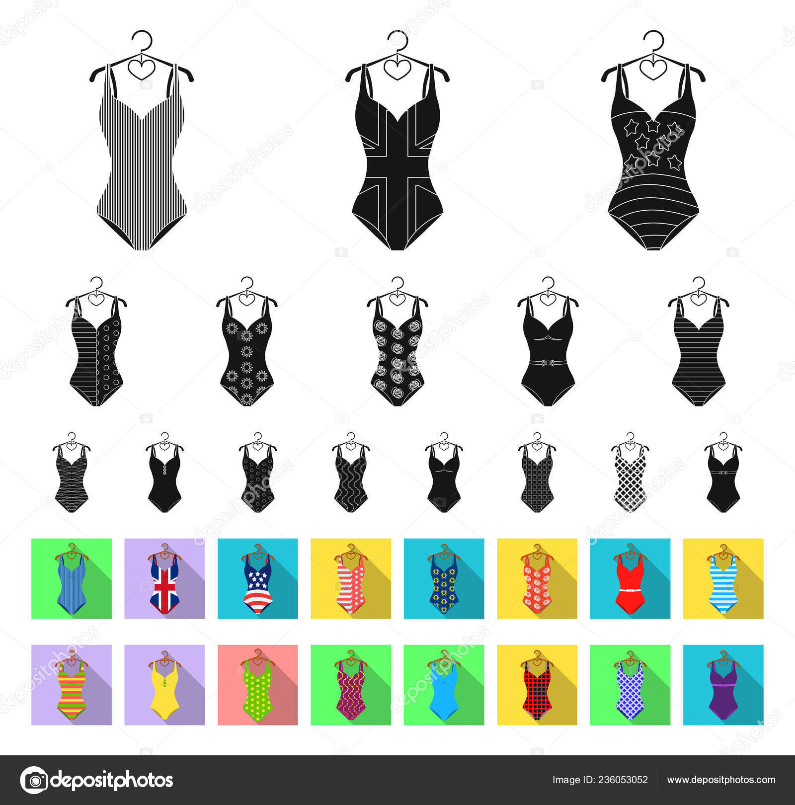 Different types of swimsuits black,flat icons in set collection for design. Swimming accessories