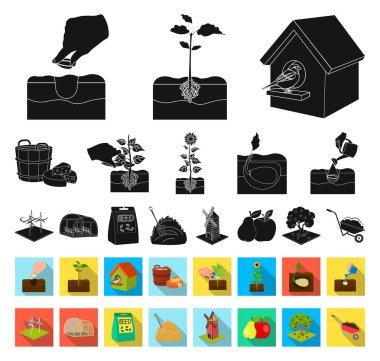 Çiftlik ve tarım siyah, düz simgeler set koleksiyonu tasarım için. Bahçe ve bitki izometrik vektör simge stok web çizim.