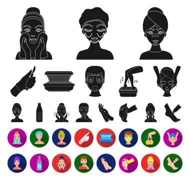 Set koleksiyonu tasarım için cilt bakım siyah, düz simgeler. Yüz ve vücut sembol stok web illüstrasyon vektör.