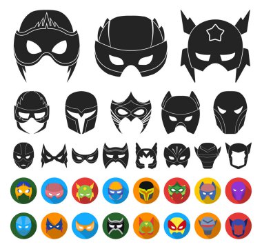 Karnaval maskesi siyah, düz simgeler set koleksiyonu tasarım için. Göz ve yüz vektör simge stok web illüstrasyon maske.