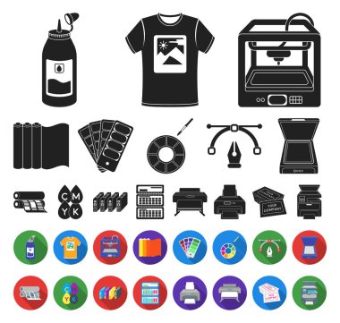 Matbaa ürünleri siyah, düz simgeler set koleksiyonu tasarım için. Sembol stok web illüstrasyon vektör yazdırma ve ekipman.