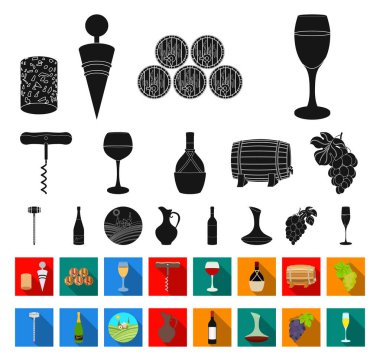 Set koleksiyonu tasarım için şarap ürünleri siyah, düz simgeler. Sembol stok web illüstrasyon vektör ekipman ve şarap üretimi.