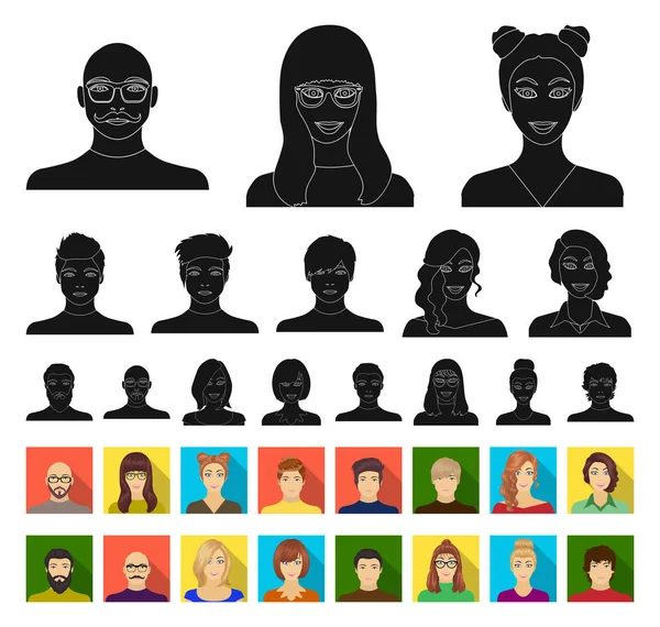 Avatar e rosto preto, ícones planos em coleção de conjuntos para design. Uma aparência de pessoas símbolo vetorial web ilustração . —  Vetores de Stock
