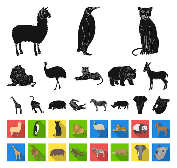 Diferentes animales negros, iconos planos en la colección de conjuntos para el diseño. Pájaro, depredador y herbívoro vector símbolo stock web ilustración . — Vector de stock