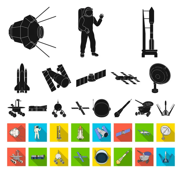 Space technology black, flat icons in set collection for design.Spacecraft and equipment vector symbol stock web illustration . — стоковый вектор