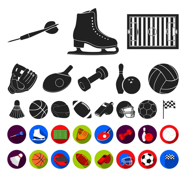 Différents types de sports noirs, des icônes plates dans la collection ensemble pour le design. Matériel de sport symbole vectoriel stock illustration web . — Image vectorielle