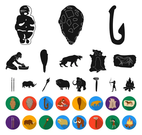 La vida en la Edad de Piedra negro, iconos planos en la colección de conjuntos para el diseño. Antigua gente vector símbolo stock web ilustración . — Vector de stock