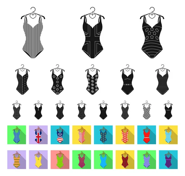 Verschillende soorten zwemkleding zwart, plat pictogrammen in set collectie voor design. Zwemmen accessoires vector symbool voorraad web illustratie. — Stockvector