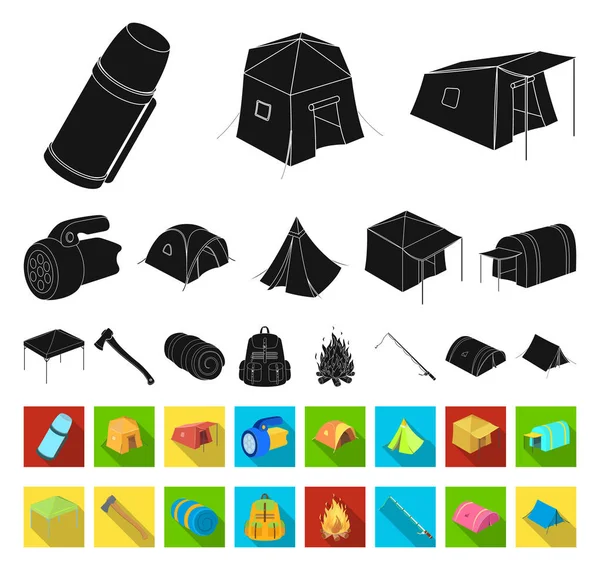 Различные виды палаток черные, плоские иконки в наборе коллекции для дизайна. Временное укрытие и векторные символы жилья на веб-иллюстрации . — стоковый вектор