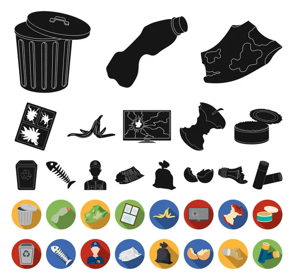 Basura y residuos negros, iconos planos en la colección de conjuntos para el diseño. Limpieza de basura vector símbolo stock web ilustración . — Vector de stock
