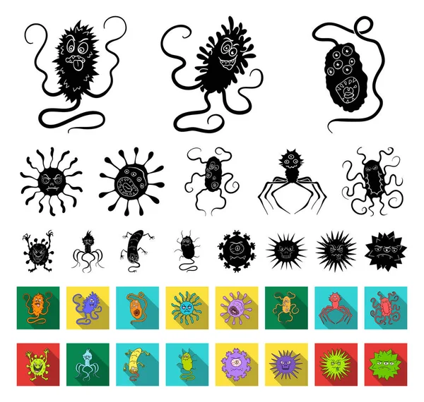 Rodzaje śmieszne mikroby czarne, płaskie ikony w kolekcja zestaw do projektowania. Drobnoustroje chorobotwórcze symbol web czas ilustracja wektorowa. — Wektor stockowy