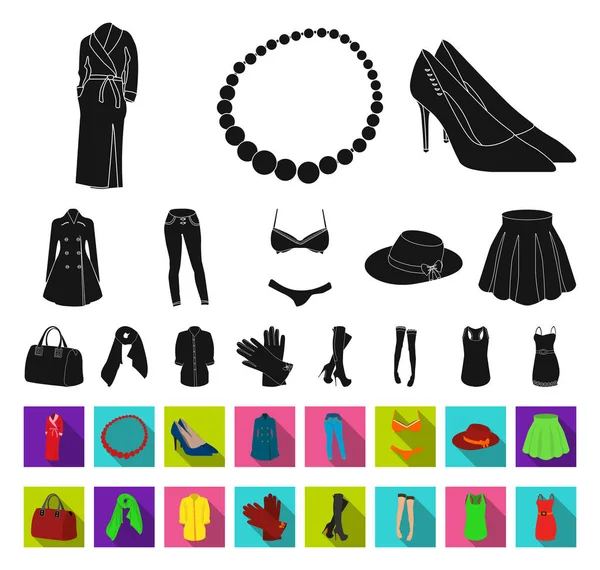 Női ruházat fekete, lapos ikonok beállítása gyűjtemény design. Fajták ruházat és kiegészítők vektor szimbólum állomány honlap illusztráció. — Stock Vector