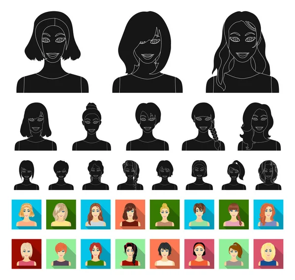 Tipos de peinados femeninos negro, iconos planos en la colección de conjuntos para el diseño. Apariencia de una mujer vector símbolo stock web ilustración . — Vector de stock