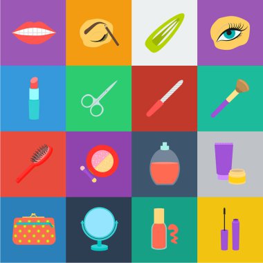 Makyaj ve kozmetik set koleksiyonu tasarım için simgeleri karikatür. Makyaj ve ekipman sembol stok web illüstrasyon vektör.