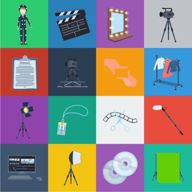 Bir film karikatür simgeleri set koleksiyonu tasarım için yapma. Öznitelikleri ve ekipman sembol stok web illüstrasyon vektör.