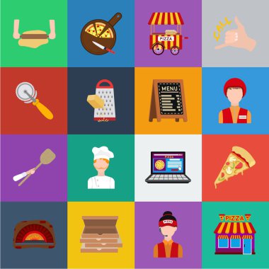 Set koleksiyonu tasarım için pizza ve pizza karikatür simgeler. Personel ve ekipman sembol stok illüstrasyon vektör.