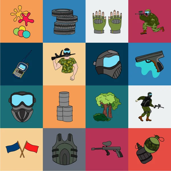 Paintball, iconos de dibujos animados juego de equipo en la colección de conjuntos para el diseño. Equipo y equipo vector símbolo stock web ilustración . — Archivo Imágenes Vectoriales