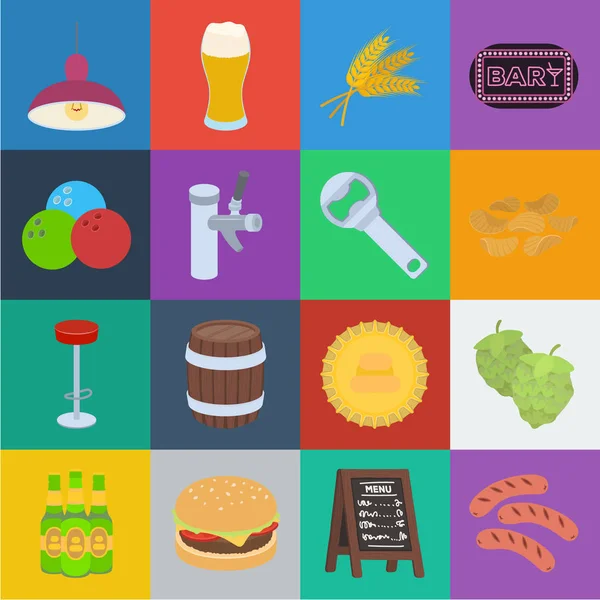 Set koleksiyonu tasarım için pub, iç ve ekipman karikatür simgeler. Alkol ve yiyecek sembol stok web illüstrasyon vektör. — Stok Vektör