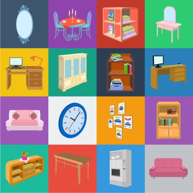 Mobilya ve iç karikatür simgeleri set koleksiyonu tasarım için. Ev mobilyası izometrik sembol stok web illüstrasyon vektör.