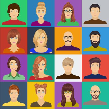 Set koleksiyonu tasarım için Avatar ve yüz karikatür simgeler. Bir kişi görünümü vektör simge stok web çizim.