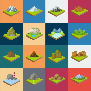 Dağlar, büyük kutsal kişilerin resmi içinde set koleksiyonu tasarım için karikatür. Dünya vektör izometrik sembol stok web Çizim yüzeyi.
