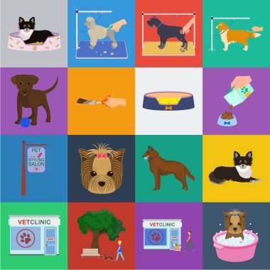 Set koleksiyonu tasarım için evde beslenen hayvan karikatür simgeler. Bakım ve eğitim sembol stok web illüstrasyon vektör.