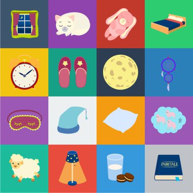 Dinlenme ve uyku set koleksiyonu tasarım için simgeleri karikatür. Aksesuarlar ve konfor sembol stok illüstrasyon vektör.