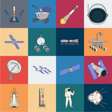Uzay teknolojisi karikatür simgeleri set koleksiyonu tasarım için. Sembol stok web illüstrasyon vektör uzay aracı ve ekipman.