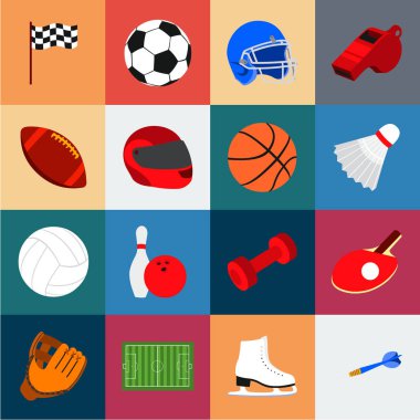 Spor çeşitleri set koleksiyonu tasarım için simgeleri karikatür. Spor ekipmanları vektör simge stok web çizim.