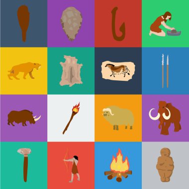 Taş Devri çizgi film kutsal kişilerin resmi içinde set koleksiyonu tasarım için hayatta. Eski insanlar sembol stok illüstrasyon vektör.