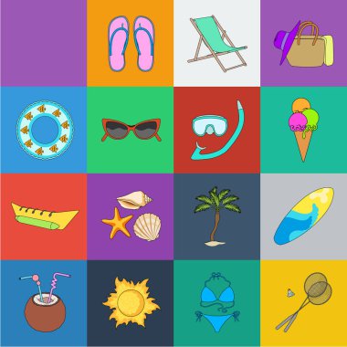 Set koleksiyonu tasarım için yaz dinlenme karikatür simgeler. Beach Aksesuar vektör simge stok web çizimi.