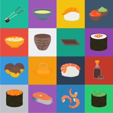 Suşi ve baharat karikatür simgeleri set koleksiyonu tasarım için. Deniz ürünleri gıda, Aksesuar vektör simge stok web çizimi.