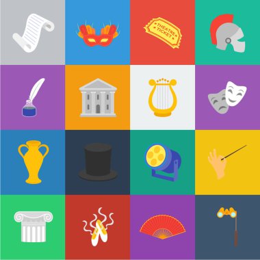 Tiyatro sanat çizgi film set koleksiyonu tasarım için simgeler. Tiyatro donanımları ve aksesuarları sembol stok web illüstrasyon vektör.