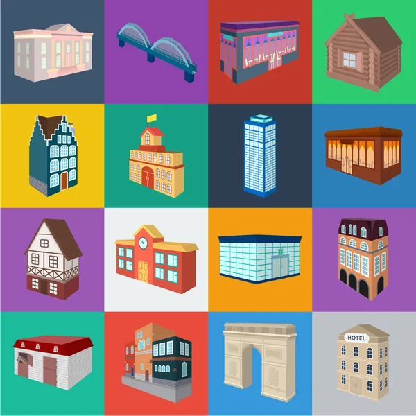 Building and architecture cartoon icons in set collection for design.The building and dwelling vector isometric symbol stock web illustration. — Stock Vector