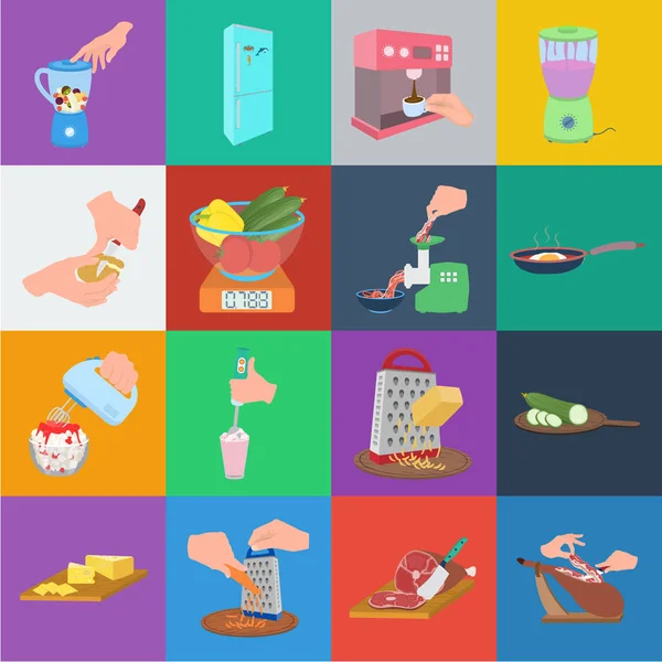Cozinhar ícones de desenhos animados de alimentos na coleção de conjuntos para design. Cozinha, equipamentos e ferramentas símbolo vetorial ilustração web . — Vetor de Stock