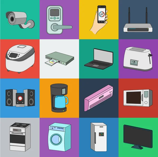 Iconos de dibujos animados de electrodomésticos inteligentes en la colección de conjuntos para el diseño. Electrodomésticos modernos vector símbolo stock web ilustración . — Archivo Imágenes Vectoriales