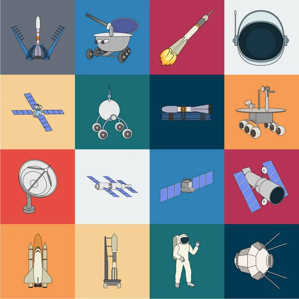 เทคโนโลยีอวกาศ ไอคอนการ์ตูนในชุดสะสมสําหรับการออกแบบ สัญลักษณ์เวกเตอร์อวกาศและอุปกรณ์ . — ภาพเวกเตอร์สต็อก