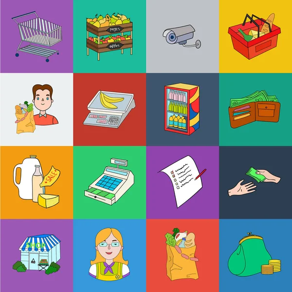 Iconos de dibujos animados de supermercados y equipos en la colección de conjuntos para el diseño. Compra de productos vector símbolo stock web ilustración . — Vector de stock