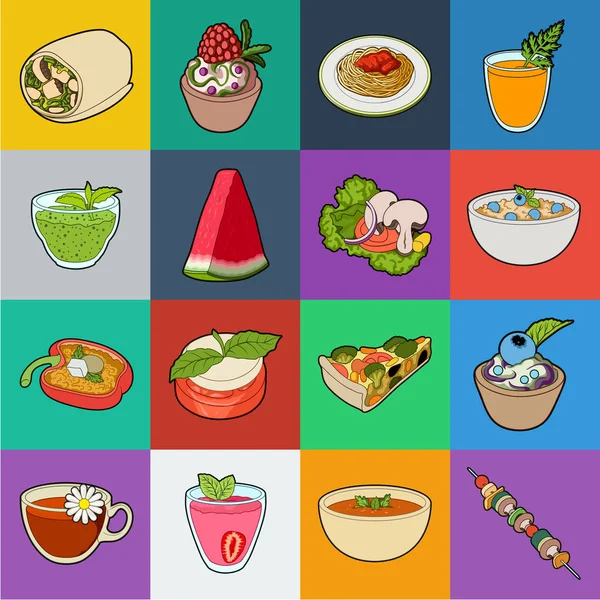 Iconos de dibujos animados plato vegetariano en la colección de conjuntos para design.Vegetable y la leche símbolo de vectores de alimentos stock web ilustración . — Vector de stock