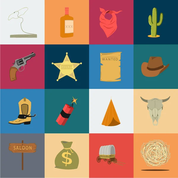 Attribute der Wild-West-Cartoon-Symbole in der Set-Kollektion für design.texas und America Vector Symbol Stock Web Illustration. — Stockvektor