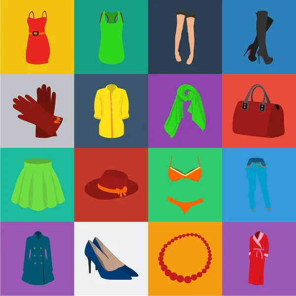 Damesmode cartoon pictogrammen in set collectie voor design. Variëteiten van de kleding en accessoires symbool voorraad web vectorillustratie. — Stockvector