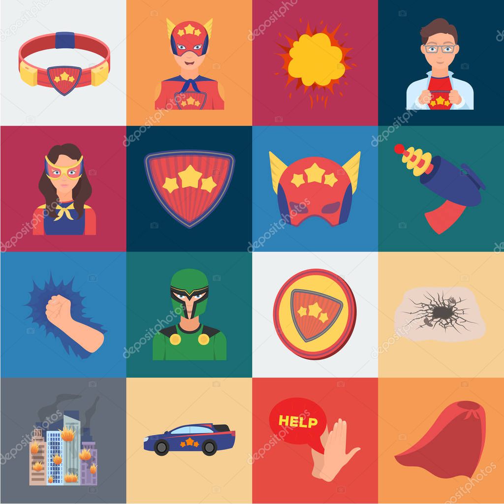 A fantastic superhero cartoon icons in set collection for design. Superheros equipment vector symbol stock  illustration.